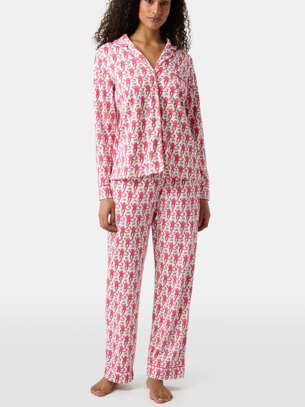 Roller Rabbit Monkey Long Sleeve Polo Pajamas Set in Pink